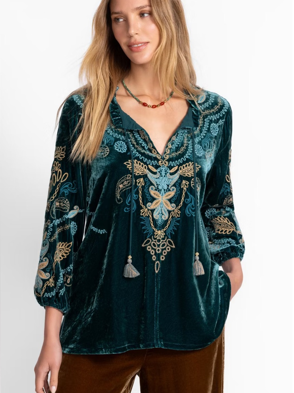 Johnny Was Shira Velvet Field Blouse Peacock Teal Blue Green L $348 - Picture 2 of 15